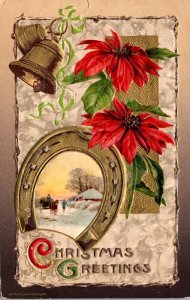 Christmas With Gold Bells Horseshoe and Poinsettias 1910