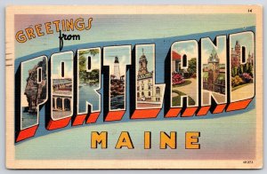 1940's Greetings From Portland Maine Large Letter Posted Postcard