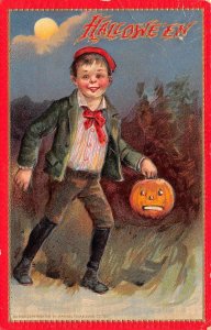 Hallowe'en Tuck Published, Trick Or Treating Boy W/ Jack-O-Lantern,Red Border PC