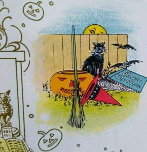 Halloween Postcard Fantasy Owl Black Cat Bats Moon Ghost Stories 302 SAS 1913  