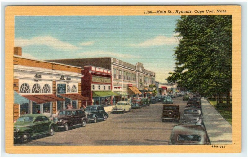 HYANNIS, Cape Cod, MA Massachusetts ~ MAIN STREET SCENE  c1940s Linen Postcard