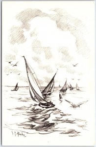 VINTAGE POSTCARD SIGNED ARTIST HORNBY FROM PENCIL CKETCH DAIL BOATS AND GULLS