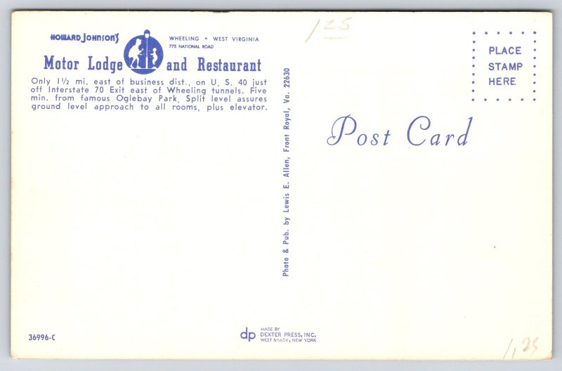 Roadside~Wheeling WV~Howard Johnson Motor Lodge~Restaurant~Sign~1950s Postcard