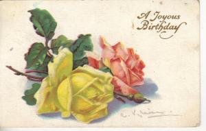 Birthday greetings yellow & pink roses artist signed C Klein antique pc (Z5166)