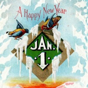 Postcard New Year Samson Brothers S.629 Birds Jan 1 Bell holly border