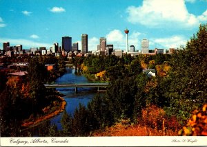 Canada Alberta Calgary Skyline With Bow River In Foreground