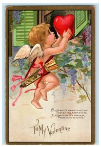 Valentine Cupid Angel Hiding Heart In Shutter Window Winsch Back Postcard 