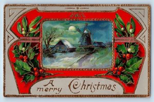 Christmas Postcard Mistletoe Berries Windmill Winter Scene Gel Gold Gilt Posted