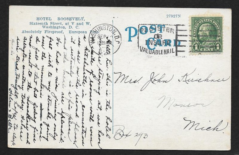 Hotel Roosevelt Washington DC Used c1924