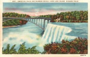 Vintage Postcard 1951 American Falls & Rainbow Bridge Luna Island Niagara Falls