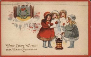 Christmas Little Girls Singing Caroling Vintage Postcard