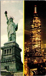 Statue Of Liberty Empire State Building New York City NY Chrome Cancel Postcard 