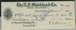 1910 R.F. Strickland Co. General Merchandise Concord Ga Check $74.86 A50