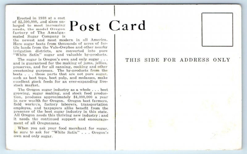 NYSSA, Oregon OR ~ Advertising WHITE SATIN SUGAR FACTORY c1940s  Postcard