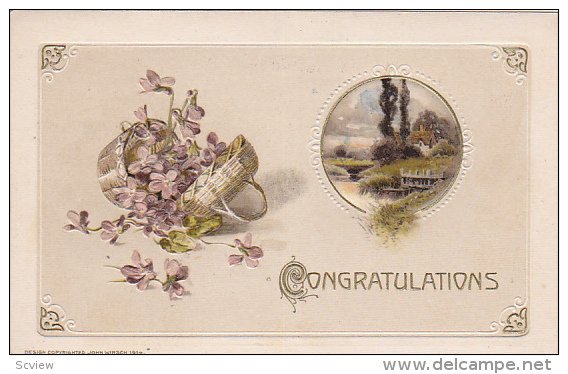 Congradulations, Basket with Violet flowers, Country Scene, gold details, PU-...