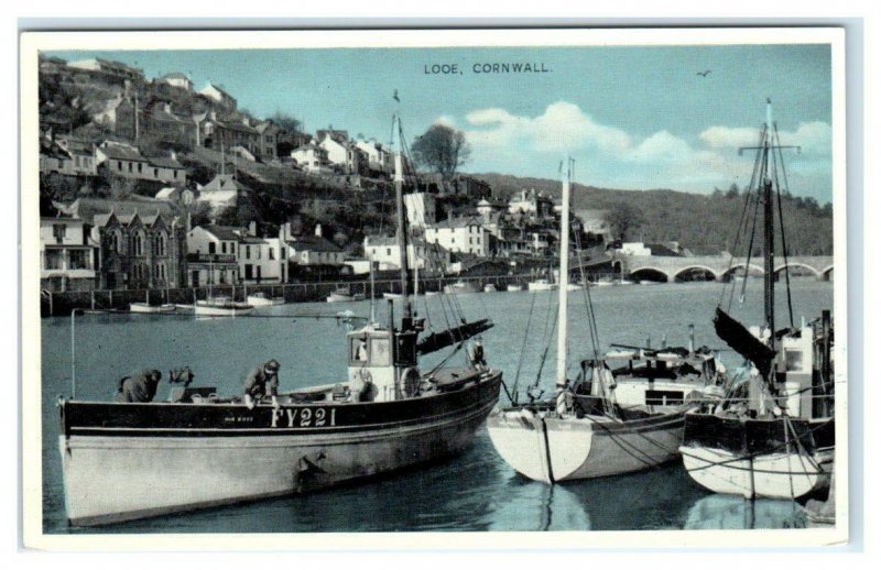 LOOE, Cornwall, United Kingdom ~ FISHING BOATS & VILLAGE  c1950s Postcard