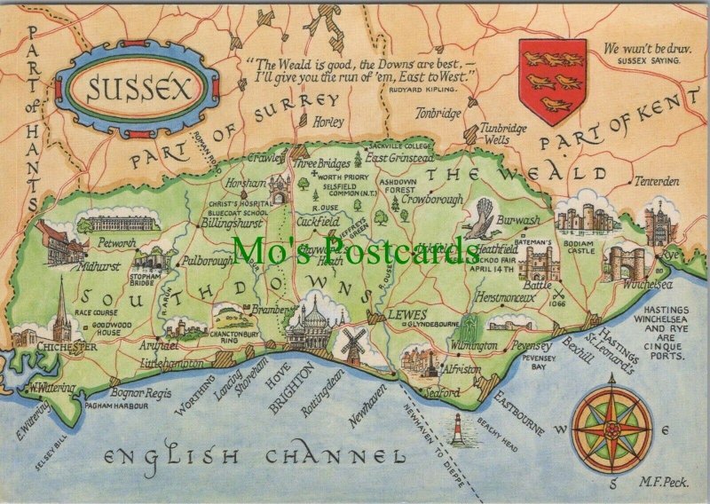 Maps Postcard - Map Showing The Southdowns, Sussex & English Channel RR12067