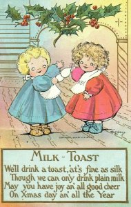 C.1910 Adorable Children Holly Christmas Scene Milk Toast M.G. Hays Signed