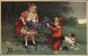 Birthday Boy and Girl with Dog Gathering Flowers c1910 Vintage Postcard