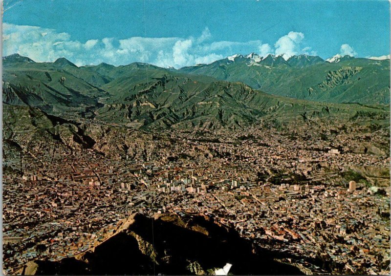 VINTAGE CONTINENTAL SIZE POSTCARD AERIAL VIEW OF CENTRAL AREA OF LA PAZ BOLIVIA