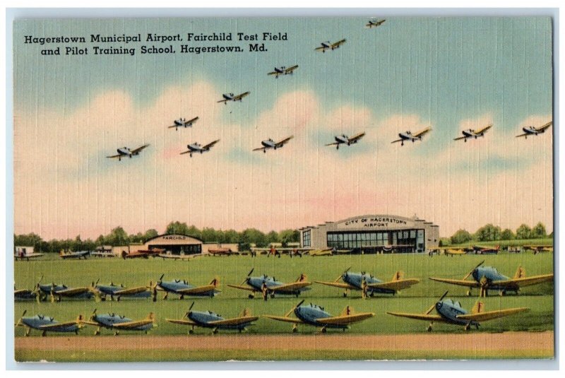 1940 Hagerstown Municipal Airport Fairchild Test Field MD Pilot School Postcard