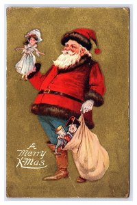 A Merry Christmas Postcard Santa Claus Holding Doll & Sack Of Toys