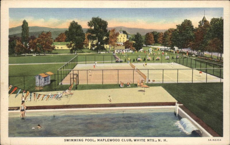 White Mountains NH Maplewood Club Swimming Pool Tennis Courts Linen Postcard