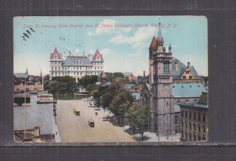 NEW YORK, ALBANY, STATE STREET, CAPITOL, TRAMS, 1909 ppc. RPO to Mass.