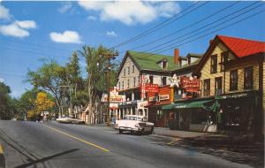 Gorham New Hampshire~Main Street~Log Cabin Store~Restaurants~Mobil Gas~50s Cars