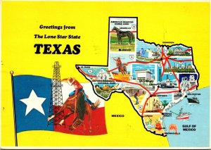Texas Greetings From The Lone Star State With Map and State Flag 1986