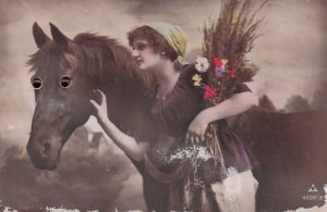 Horse & Lady Glamour Owner Real Moving Plastic Eyes Old Postcard