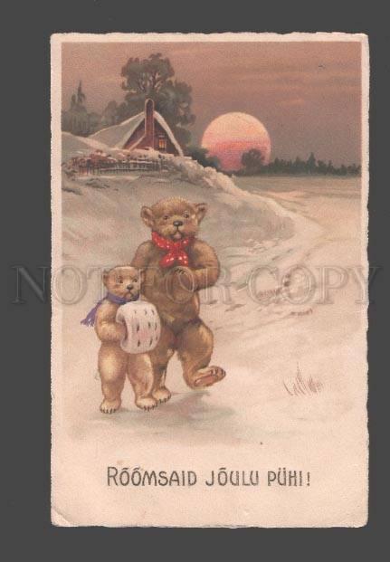 094971 Dressed Funny TEDDY BEAR in Snow Vintage LITHO RARE PC