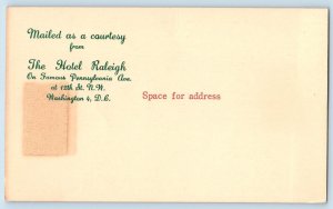 Washington DC Postcard Hotel Raleigh Reservation Card Advertisement c1940's
