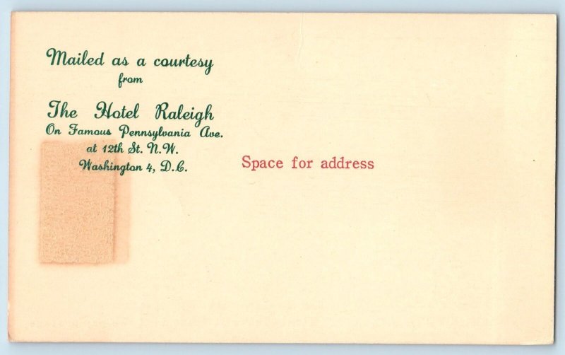 Washington DC Postcard Hotel Raleigh Reservation Card Advertisement c1940's