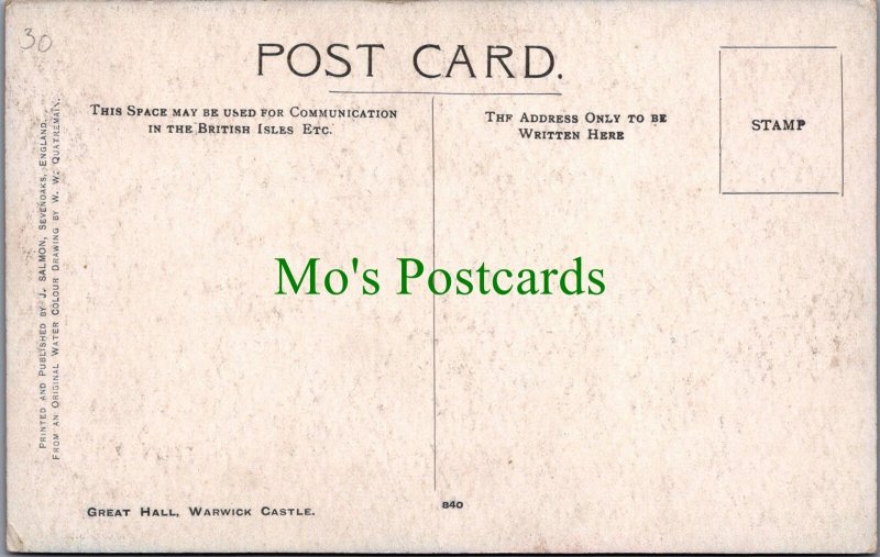 Warwickshire Postcard - Warwick Castle, The Great Hall  SW10967