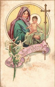 Vintage Postcard 1910's A Joyous Easter Greetings Card Mother and Child Cross