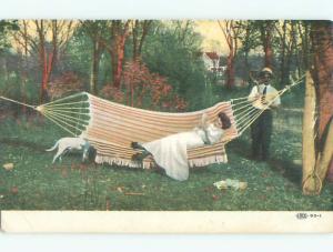 Unused Pre-Linen WOMAN LYING DOWN IN HAMMOCK k9255