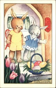 Whitney Easter Fantasy Rabbits Dressed as People Egg Basket Vintage Postcard