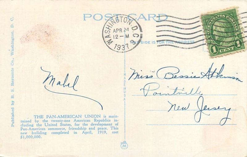 Pan-American Union Washington DC pm 1937 Postcard