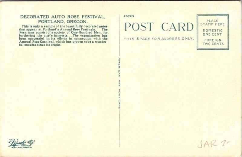 Decorated Auto Rose Festival Portland Oregon OR WB Postcard VTG UNP Vintage