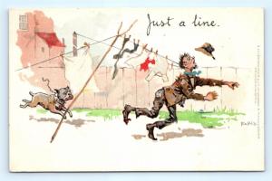 Postcard A/S Pinkis Just a Line Man Chased by Dog Runs Into Clothes Line J12