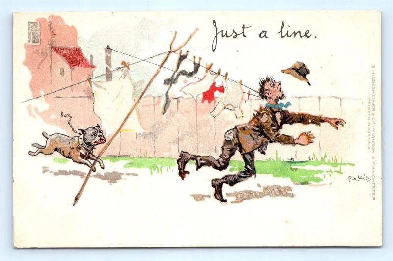 Postcard A/S Pinkis Just a Line Man Chased by Dog Runs Into Clothes Line J12