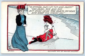 c1910's Humor Beach Bathing Beauty Keep The Monkey Dry Walter Wellman Postcard