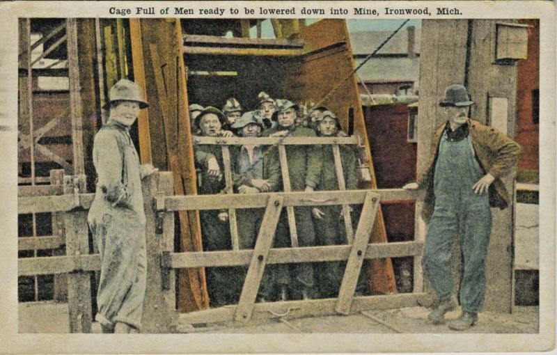 Ironwood MI Michigan Men Waiting to Be Lowered Mine Miners c1924 Postcard D23