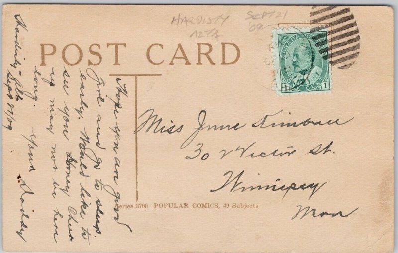 Hardisty Alberta 1909 Duplex Cancel Hillson Comic I'm So Sleepy Postcard D96