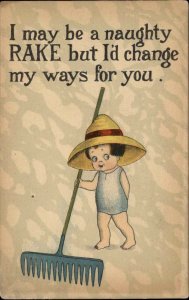 Children Comic Boy with Rake Flirting  c1910s Postcard