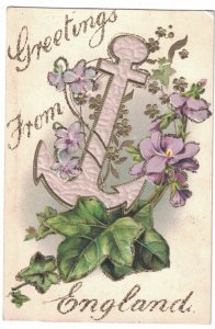 Anchor , Flowers , Embossed , Greetings fron England