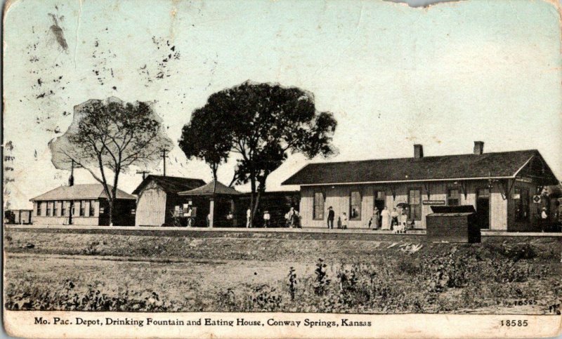 Mo. Pac. Depot Drinking Fountain Eating House Conway Springs KS Vintage Postcard