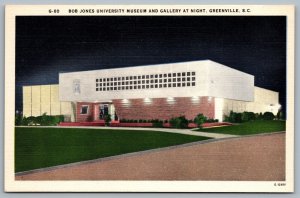 Postcard Greenville SC c1940s Bob Jones University Museum & Gallery at Night