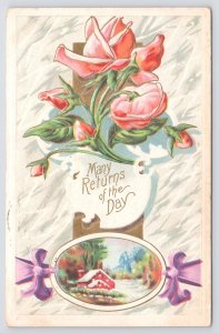 Many Returns Of The Day~Roses~Winter Home In Oval~Art Nouveau~Gold~Emb~1912 PC